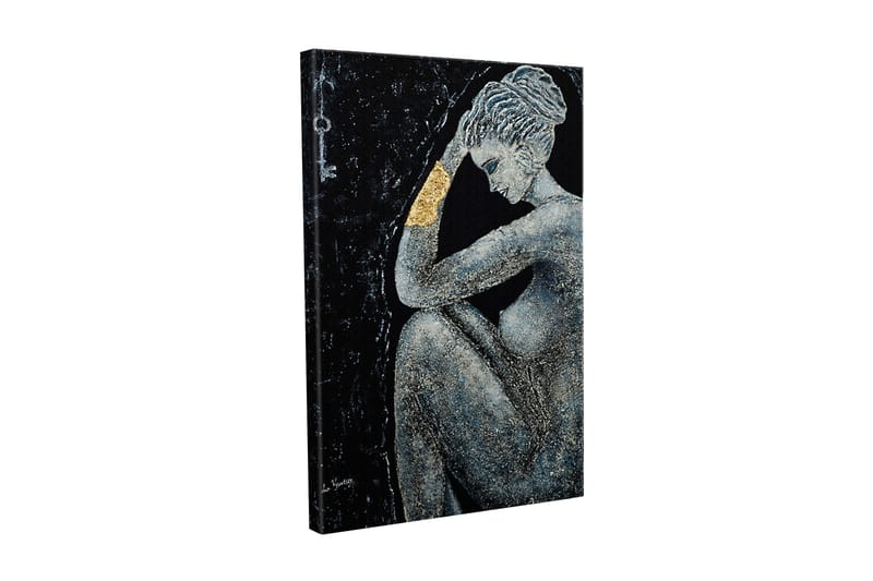 Lerretsbilde - Naken kvinne i en tankefull positur med en gyllen detalj på armen, Svart / Grå / Gull