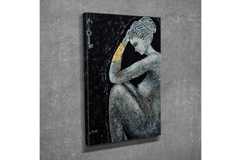 Lerretsbilde - Naken kvinne i en tankefull positur med en gyllen detalj på armen - Svart / Grå / Gull - Innredning - Bilder & kunst - Lerretsbilder