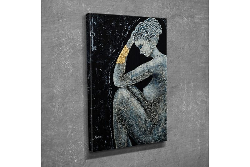 Lerretsbilde - Naken kvinne i en tankefull positur med en gyllen detalj på armen - Svart / Grå / Gull - Innredning - Bilder & kunst - Lerretsbilder