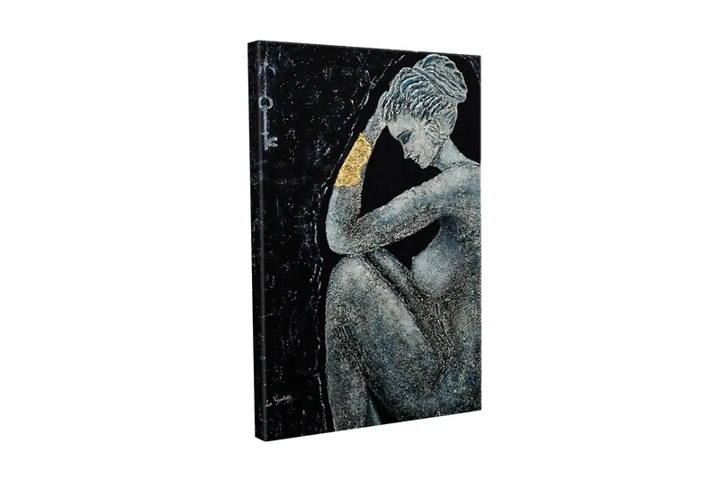 Lerretsbilde - Naken kvinne i en tankefull positur med en gyllen detalj på armen, Svart / Grå / Gull