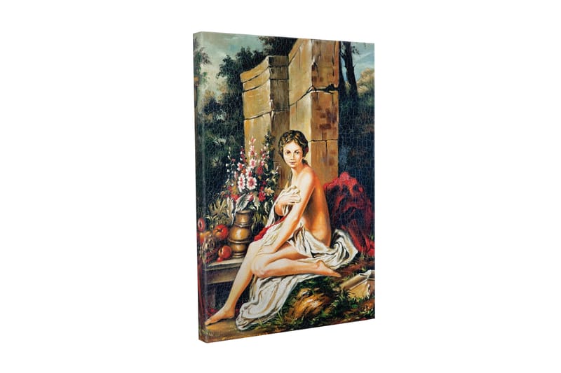Lerretsbilde - Naken kvinne sittende med en blomsterbukett og en potte, Hudtone / Grønn / Rød