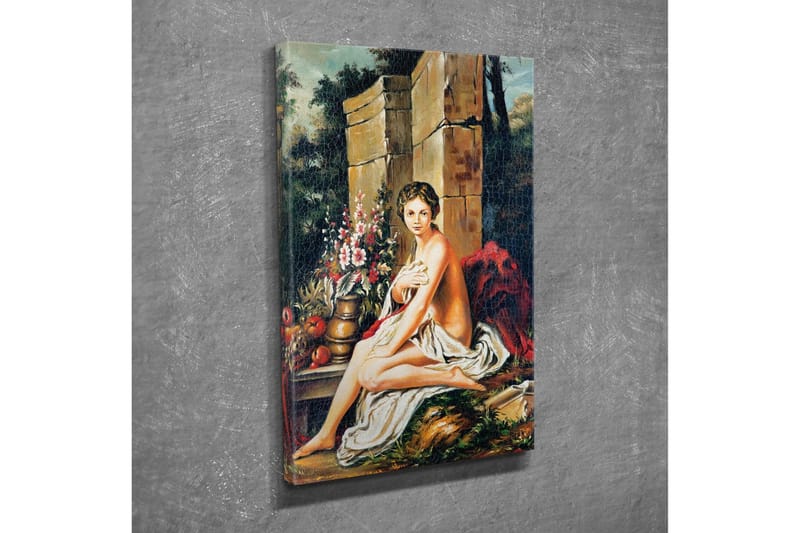 Lerretsbilde - Naken kvinne sittende med en blomsterbukett og en potte - Hudtone / Grønn / Rød - Innredning - Bilder & kunst - Lerretsbilder