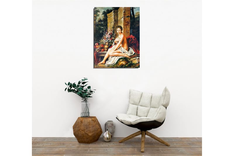 Lerretsbilde - Naken kvinne sittende med en blomsterbukett og en potte - Hudtone / Grønn / Rød - Innredning - Bilder & kunst - Lerretsbilder