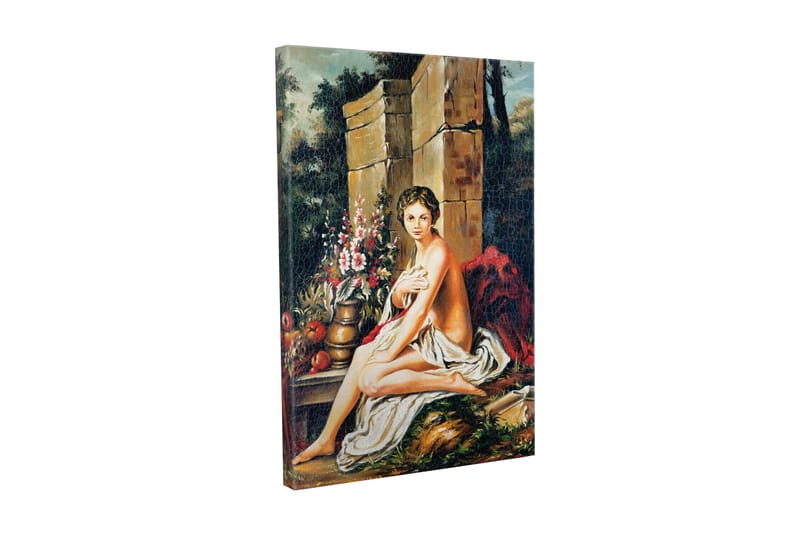 Lerretsbilde - Naken kvinne sittende med en blomsterbukett og en potte, Hudtone / Grønn / Rød