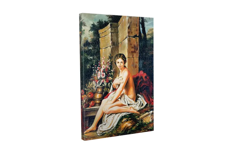 Lerretsbilde - Naken kvinne sittende med en blomsterbukett og en potte, Hudtone / Grønn / Rød