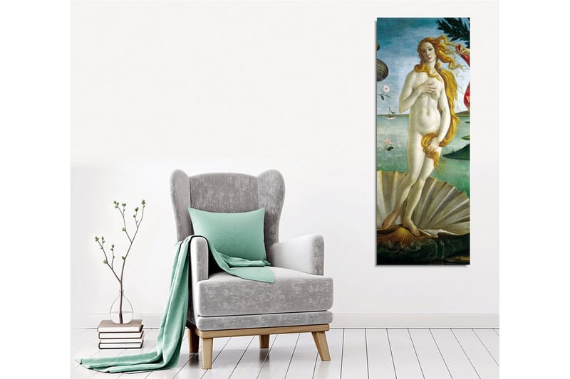 Lerretsbilde - Naken kvinne som står på et skjell ved sjøen - Lys blå / Hudfarget / Grønn - Innredning - Bilder & kunst - Lerretsbilder