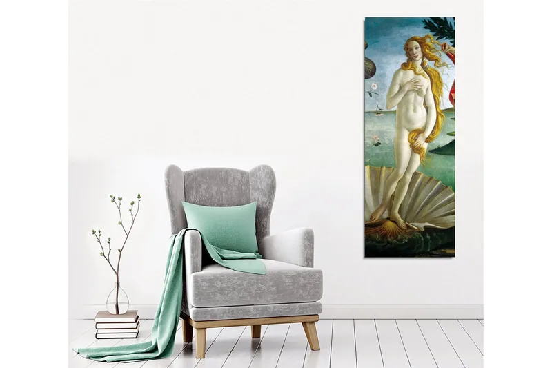 Lerretsbilde - Naken kvinne som står på et skjell ved sjøen - Lys blå / Hudfarget / Grønn - Innredning - Bilder & kunst - Lerretsbilder