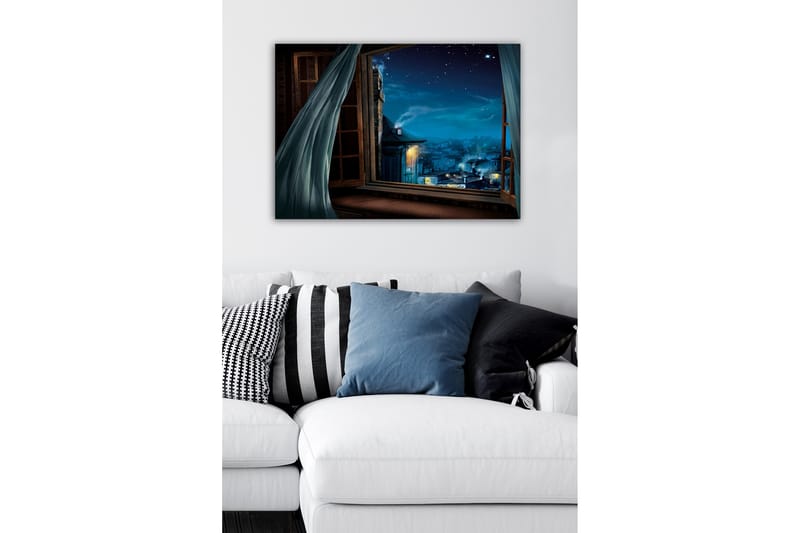 Lerretsbilde - Nattutsikt gjennom et åpent vindu med stjerner og bylys - Mørk blå / Lys blå / Grå - Innredning - Bilder & kunst - Lerretsbilder