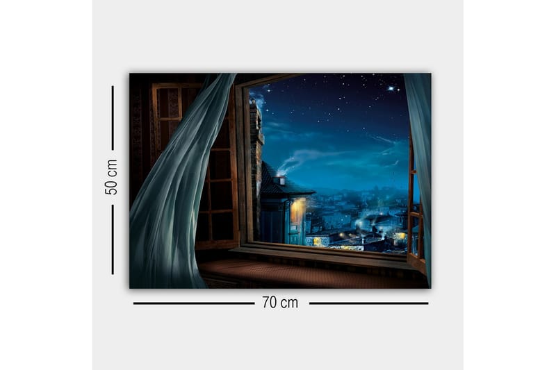 Lerretsbilde - Nattutsikt gjennom et åpent vindu med stjerner og bylys - Mørk blå / Lys blå / Grå - Innredning - Bilder & kunst - Lerretsbilder