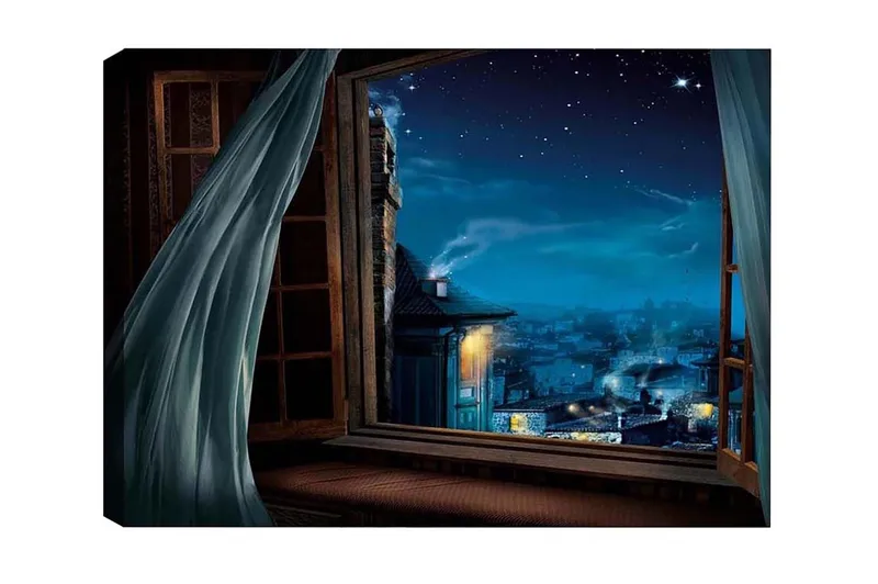 Lerretsbilde - Nattutsikt gjennom et åpent vindu med stjerner og bylys, Mørk blå / Lys blå / Grå