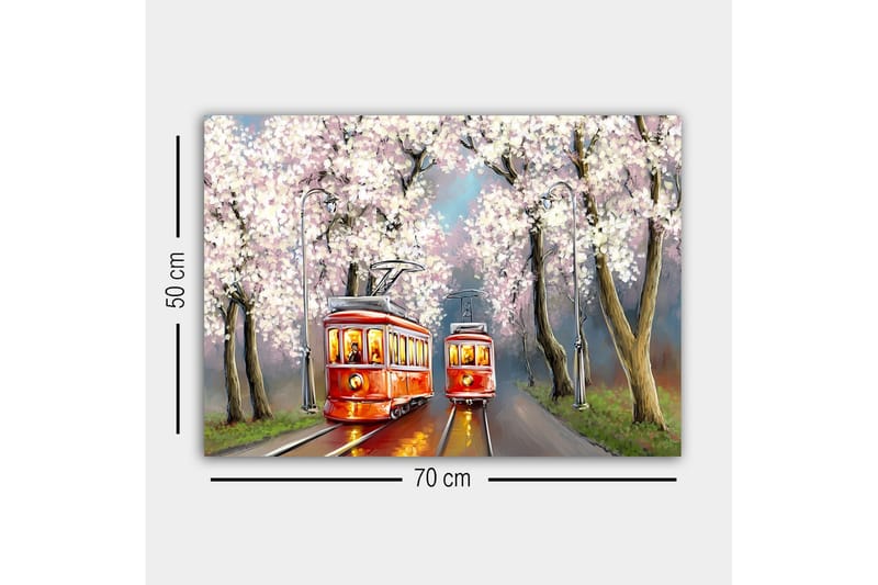 Lerretsbilde - Røde trikker under blomstrende kirsebærtrær - Rød / Rosa / Grønn - Innredning - Bilder & kunst - Lerretsbilder