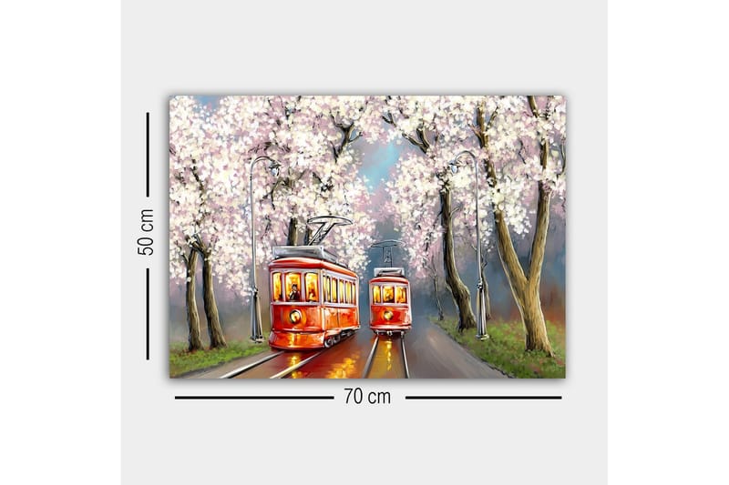 Lerretsbilde - Røde trikker under blomstrende kirsebærtrær - Rød / Rosa / Grønn - Innredning - Bilder & kunst - Lerretsbilder