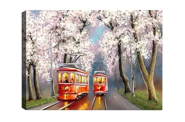 Lerretsbilde - Røde trikker under blomstrende kirsebærtrær - Rød / Rosa / Grønn - Innredning - Bilder & kunst - Lerretsbilder