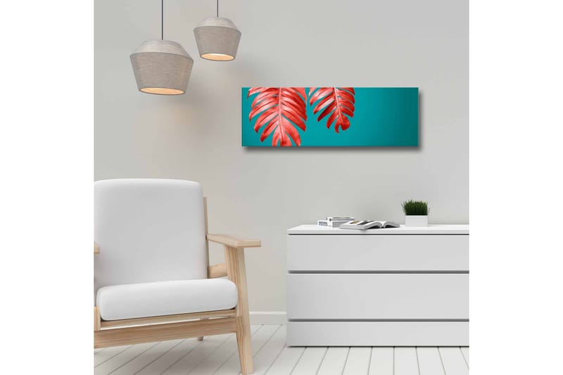 Lerretsbilde - Røde palmeblader mot turkis bakgrunn - Rød / Turkis - Innredning - Bilder & kunst - Lerretsbilder