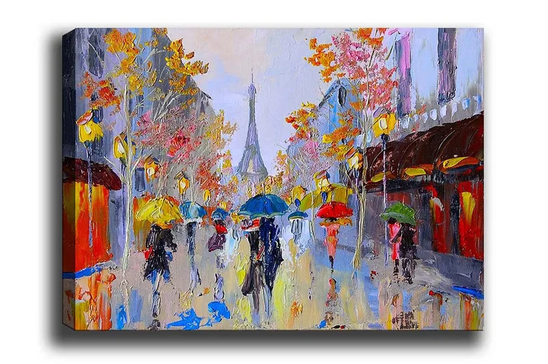 Lerretsbilde - Regnfull gatescene med folk under paraplyer i et urbant miljø, Gul / Rød / Blå