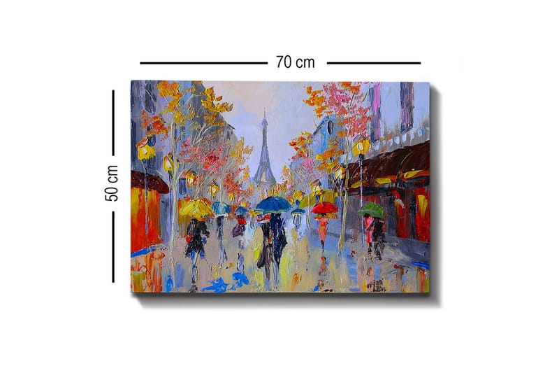 Lerretsbilde - Regnfull gatescene med folk under paraplyer i et urbant miljø - Gul / Rød / Blå - Innredning - Bilder & kunst - Lerretsbilder