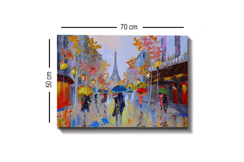Lerretsbilde - Regnfull gatescene med folk under paraplyer i et urbant miljø - Gul / Rød / Blå - Innredning - Bilder & kunst - Lerretsbilder