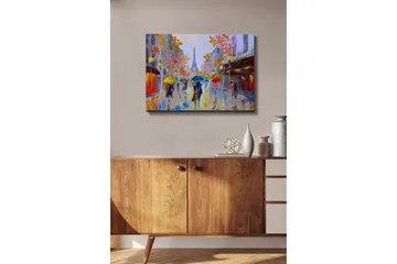 Lerretsbilde - Regnfull gatescene med folk under paraplyer i et urbant miljø - Gul / Rød / Blå - Innredning - Bilder & kunst - Lerretsbilder