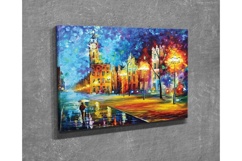 Lerretsbilde - Regnfullt bybilde med en person som bærer en paraply - Blå / Oransje / Gul - Innredning - Bilder & kunst - Lerretsbilder