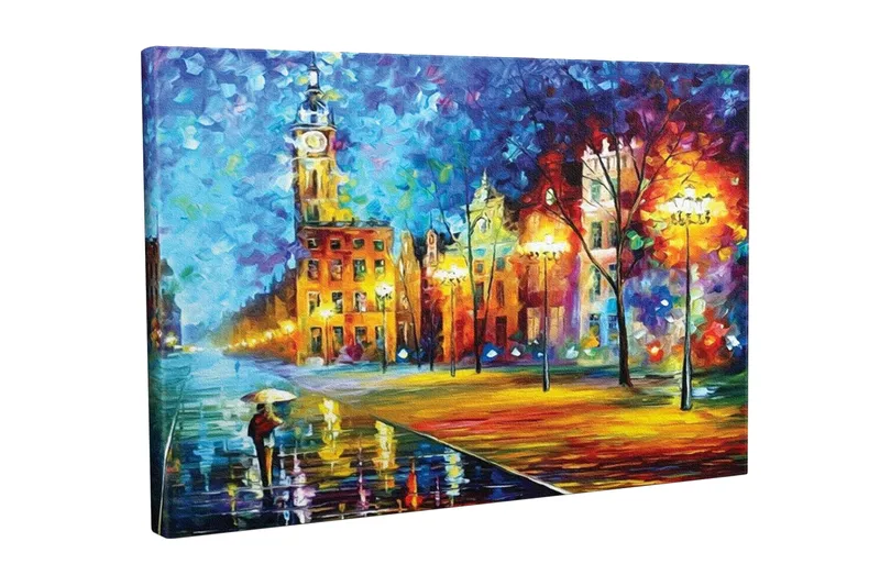 Lerretsbilde - Regnfullt bybilde med en person som bærer en paraply, Blå / Oransje / Gul