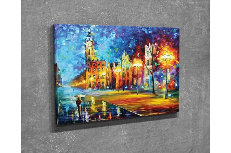 Lerretsbilde - Regnfullt bybilde med en person som bærer en paraply - Blå / Oransje / Gul - Innredning - Bilder & kunst - Lerretsbilder