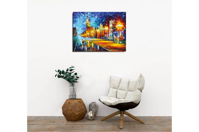 Lerretsbilde - Regnfullt bybilde med en person som bærer en paraply - Blå / Oransje / Gul - Innredning - Bilder & kunst - Lerretsbilder