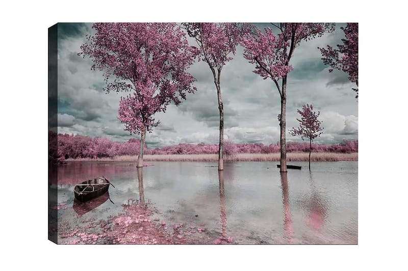 Lerretsbilde - Rosa trær ved en speilblank innsjø med en båt i forgrunnen - Rosa / Grå / Blå - Innredning - Bilder & kunst - Lerretsbilder