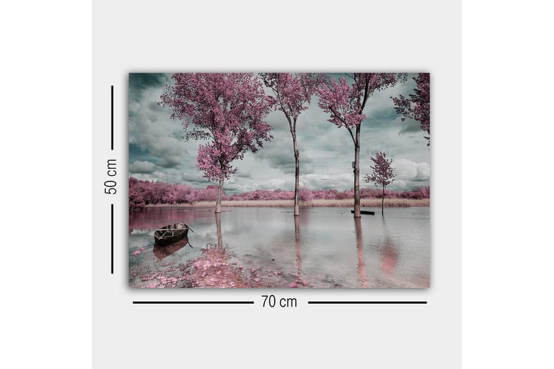 Lerretsbilde - Rosa trær ved en speilblank innsjø med en båt i forgrunnen - Rosa / Grå / Blå - Innredning - Bilder & kunst - Lerretsbilder