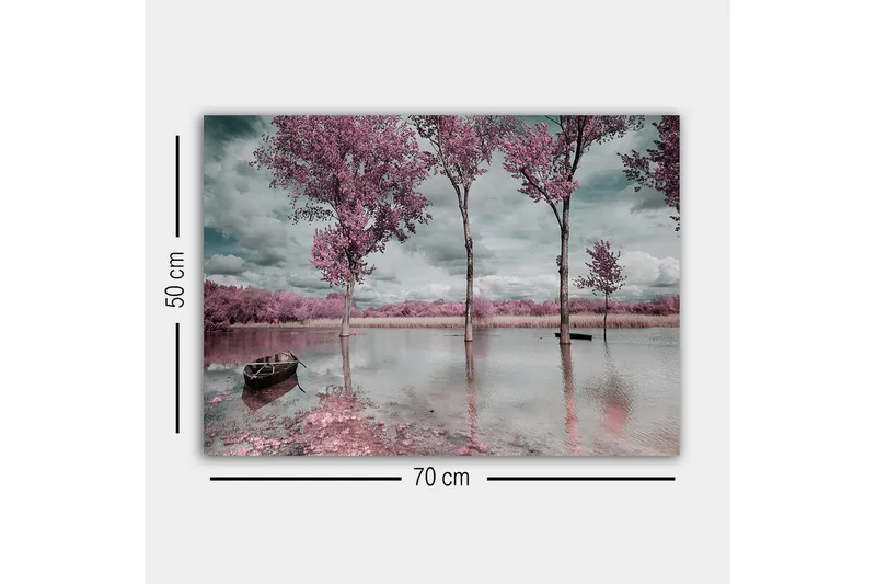 Lerretsbilde - Rosa trær ved en speilblank innsjø med en båt i forgrunnen - Rosa / Grå / Blå - Innredning - Bilder & kunst - Lerretsbilder