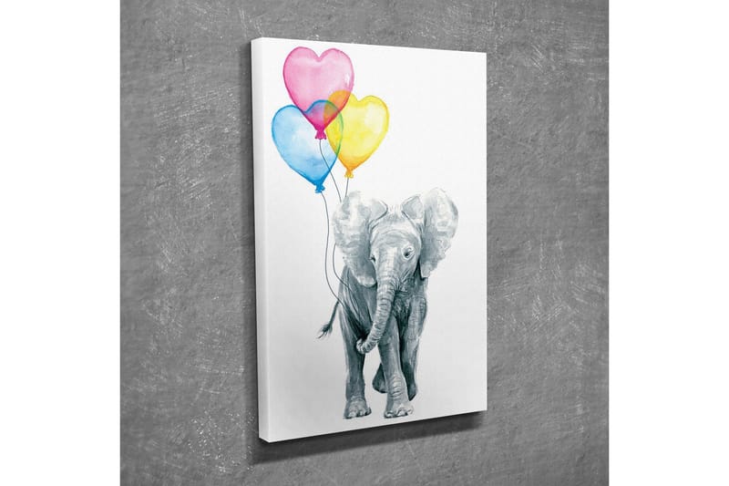 Lerretsbilde - Søt elefant som holder fargerike hjerteformede ballonger - Grå / Rosa / Blå - Innredning - Bilder & kunst - Lerretsbilder