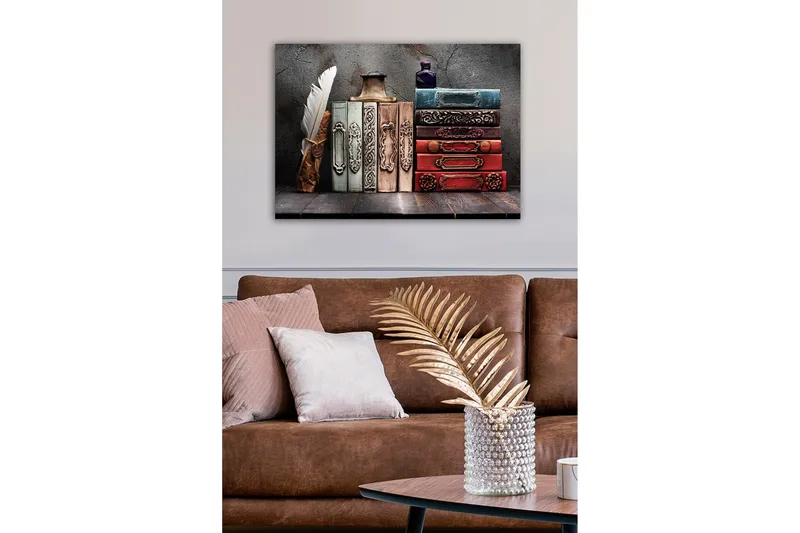 Lerretsbilde - Samling av antikke bøker med dekorative rygger og fjærpenn - Mørk rød / Grønn / Blå - Innredning - Bilder & kunst - Lerretsbilder