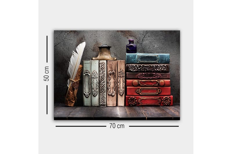 Lerretsbilde - Samling av antikke bøker med dekorative rygger og fjærpenn - Mørk rød / Grønn / Blå - Innredning - Bilder & kunst - Lerretsbilder