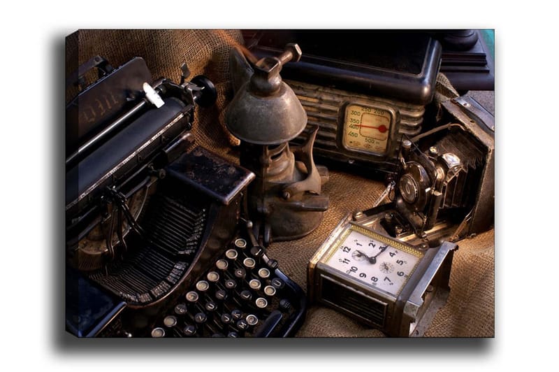 Lerretsbilde - Samling av vintage skrivemaskiner og gamle apparater - Svart / Brun / Grå - Innredning - Bilder & kunst - Lerretsbilder