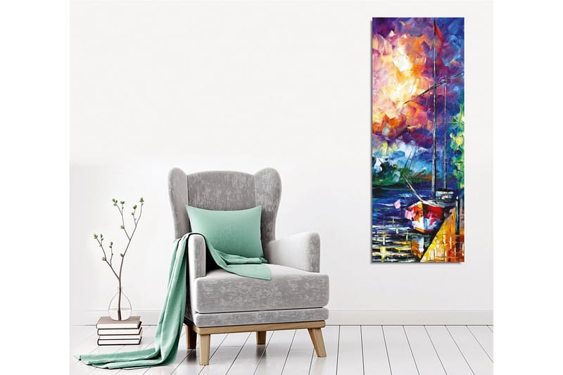 Lerretsbilde - Seilbåt ved en fargerik solnedgang - Lilla / Oransje / Blå - Innredning - Bilder & kunst - Lerretsbilder