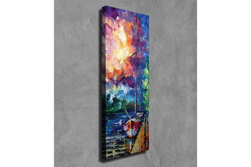 Lerretsbilde - Seilbåt ved en fargerik solnedgang - Lilla / Oransje / Blå - Innredning - Bilder & kunst - Lerretsbilder