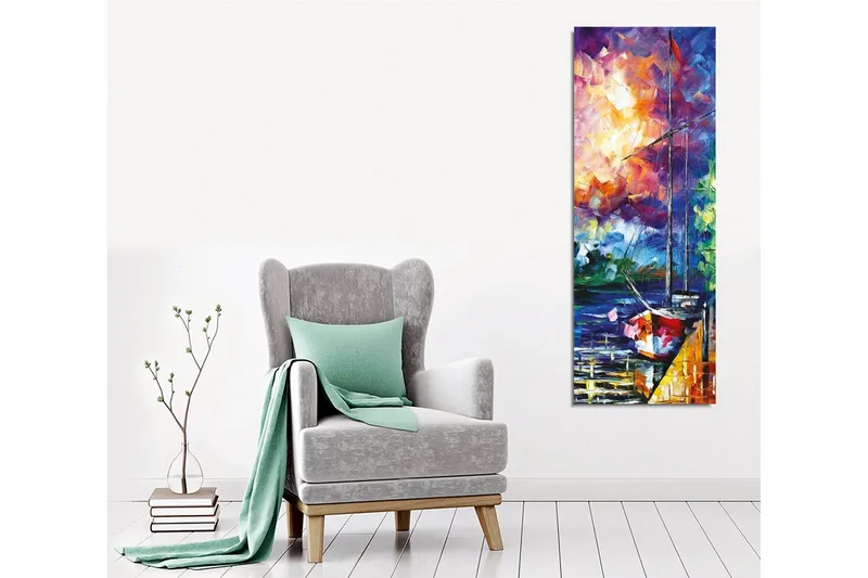 Lerretsbilde - Seilbåt ved en fargerik solnedgang - Lilla / Oransje / Blå - Innredning - Bilder & kunst - Lerretsbilder