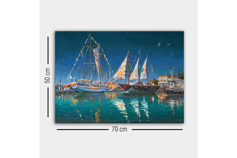 Lerretsbilde - Seilbåter i en havn under en stjerneklar himmel - Mørk blå / Turkis / Hvit - Innredning - Bilder & kunst - Lerretsbilder