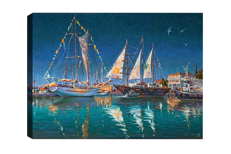 Lerretsbilde - Seilbåter i en havn under en stjerneklar himmel, Mørk blå / Turkis / Hvit