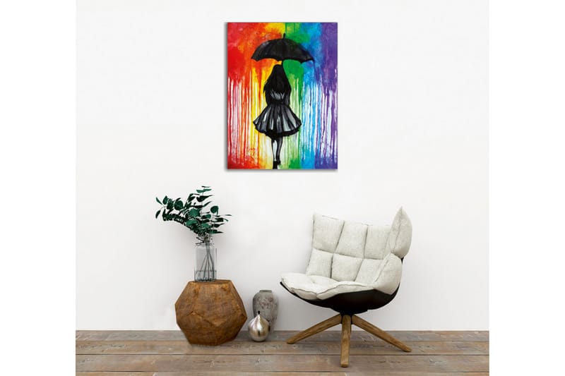 Lerretsbilde - Silhuett av en kvinne med paraply mot en fargerik bakgrunn - Svart / Rød / Grønn - Innredning - Bilder & kunst - Lerretsbilder