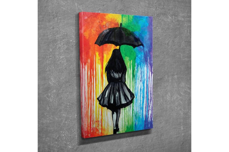 Lerretsbilde - Silhuett av en kvinne med paraply mot en fargerik bakgrunn - Svart / Rød / Grønn - Innredning - Bilder & kunst - Lerretsbilder