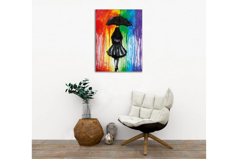Lerretsbilde - Silhuett av en kvinne med paraply mot en fargerik bakgrunn - Svart / Rød / Grønn - Innredning - Bilder & kunst - Lerretsbilder