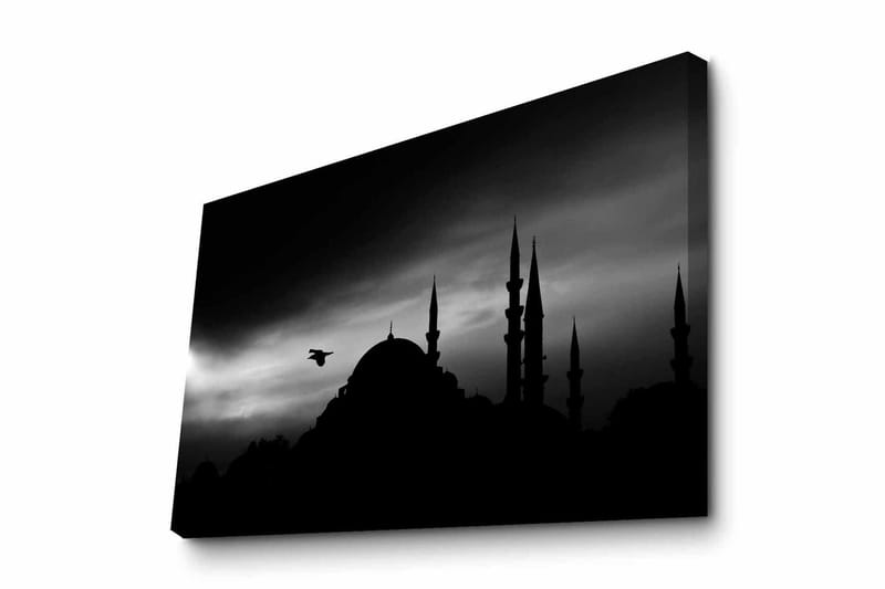 Lerretsbilde - Silhuett av en moské med spir i dramatisk himmel, Svart / Grå