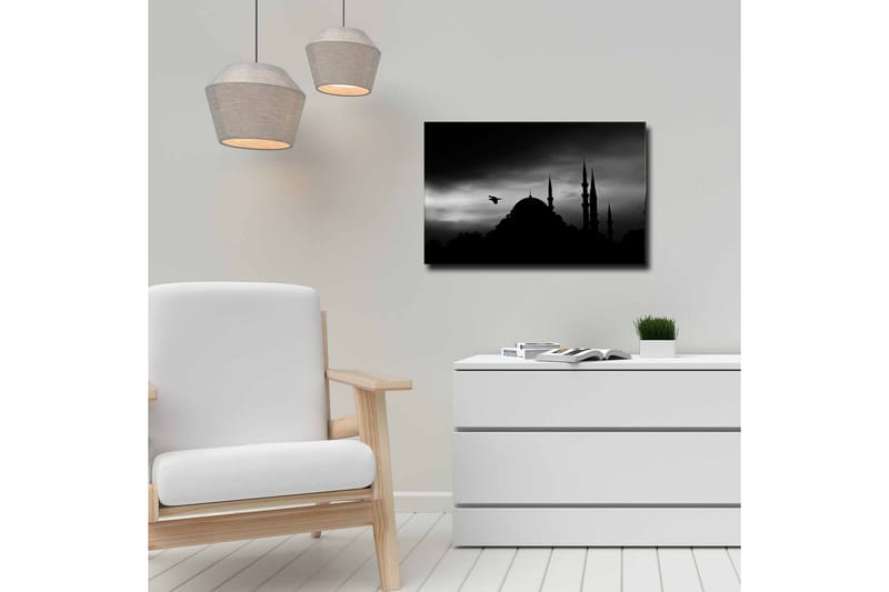 Lerretsbilde - Silhuett av en moské med spir i dramatisk himmel - Svart / Grå - Innredning - Bilder & kunst - Lerretsbilder