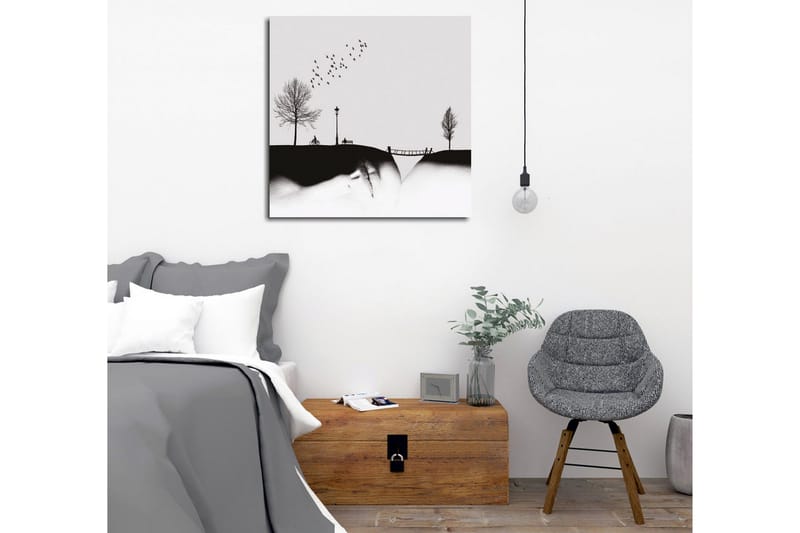 Lerretsbilde - Silhuett av en park med trær, benk og fugler i flukt - Svart / Grå - Innredning - Bilder & kunst - Lerretsbilder