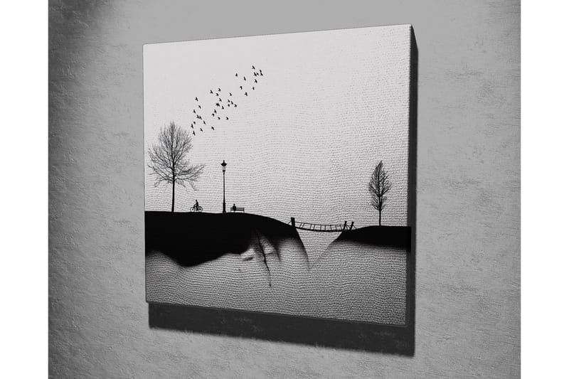 Lerretsbilde - Silhuett av en park med trær, benk og fugler i flukt - Svart / Grå - Innredning - Bilder & kunst - Lerretsbilder