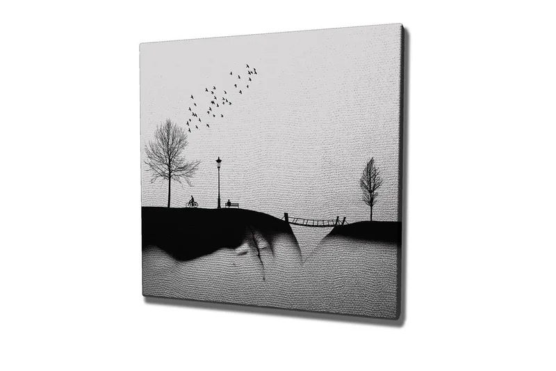 Lerretsbilde - Silhuett av en park med trær, benk og fugler i flukt - Svart / Grå - Innredning - Bilder & kunst - Lerretsbilder