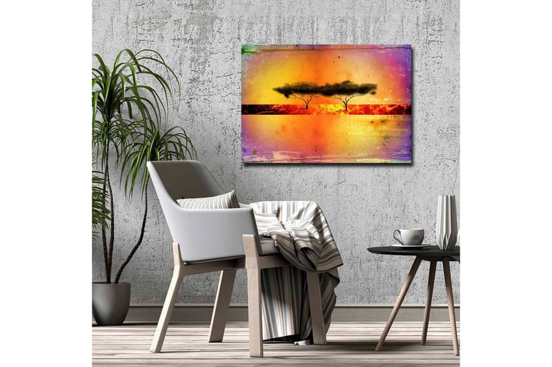 Lerretsbilde - Silhuett av trær mot en fargerik bakgrunn - Oransje / Lilla / Svart - Innredning - Bilder & kunst - Lerretsbilder