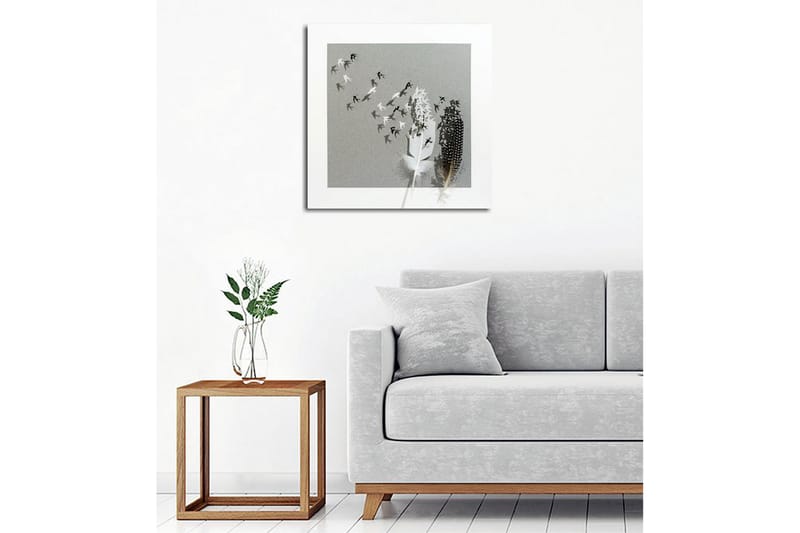 Lerretsbilde - Silhuetter av fugler som flyr bort fra en vase med fjær - Svart / Hvit / Grå - Innredning - Bilder & kunst - Lerretsbilder