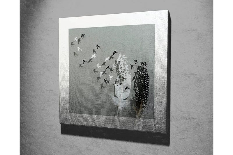 Lerretsbilde - Silhuetter av fugler som flyr bort fra en vase med fjær - Svart / Hvit / Grå - Innredning - Bilder & kunst - Lerretsbilder