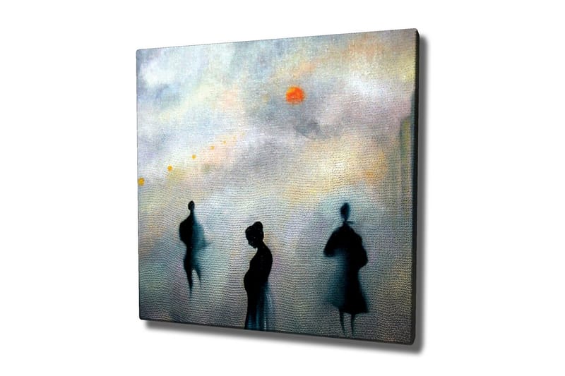 Lerretsbilde - Silhuetter av mennesker i et tåkete bybilde, Mørk blå / Grå / Oransje